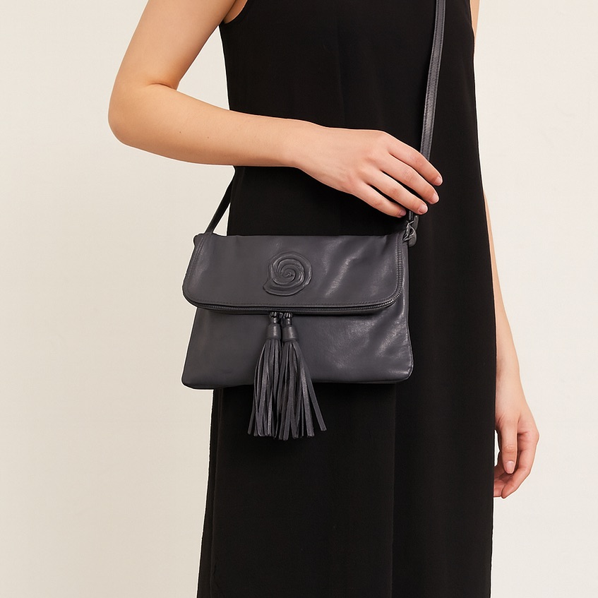 Ursula Mascar Black Leather Foldover Crossbody Bag With Tassels
